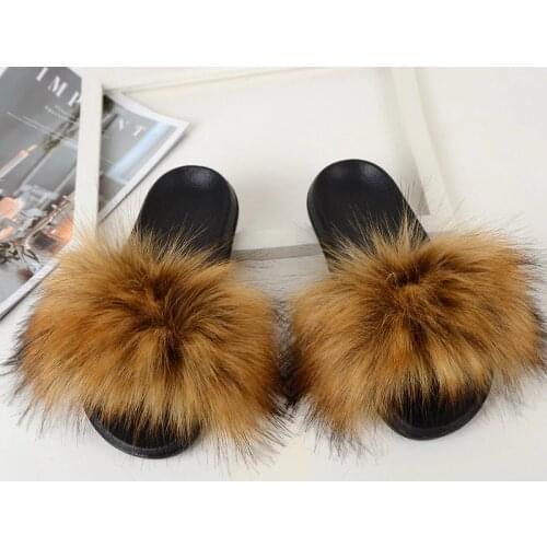 Faux Fur Slippers House Furry Slides Home Summer Women Shoes Fluffy Plush Ladies Sandals Flip Flops Flat Outdoor Mule Big Size