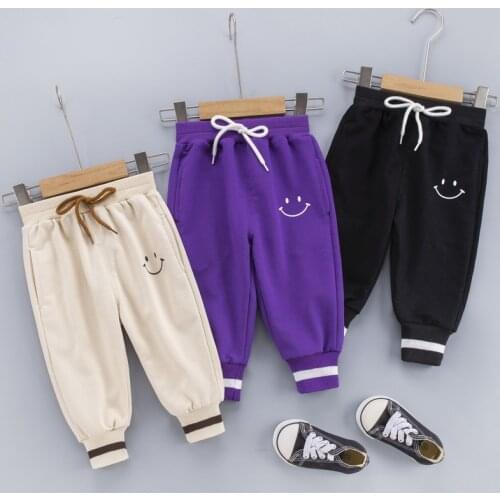 Childrens Autumn Sports Pants With Color Matching Smiley Face Boys And Girls Casual Pants Soft Elastic Waist 1-4 Years Old