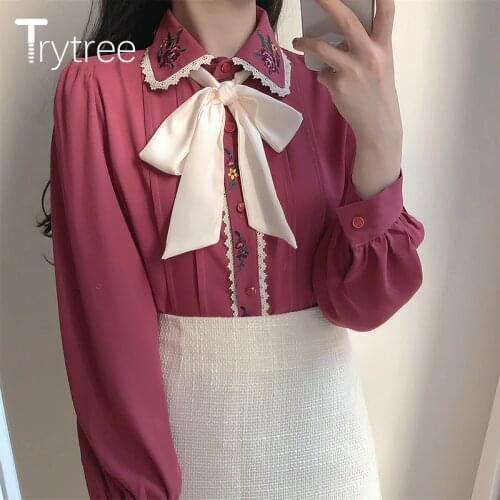 Trytree 2020 Spring Autumn Blouse Women Casual Bow Embroidery Floral Turn-down Collar Single Breasted Office Lady Shirts Tops