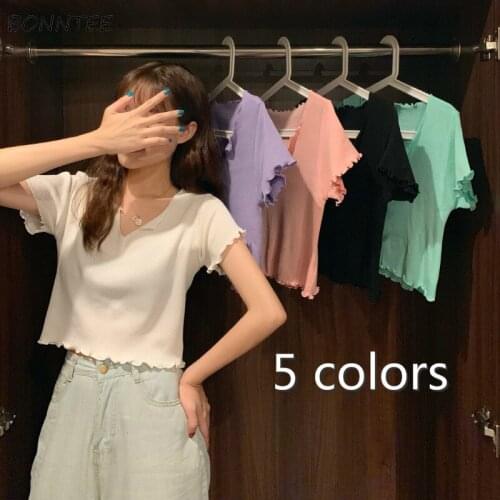 Cropped T-shirt Women Solid V-neck Slim 5 Colors Simple Casual Sexy New Basic Top Tees Chic Hot Sale Female Popular All-match