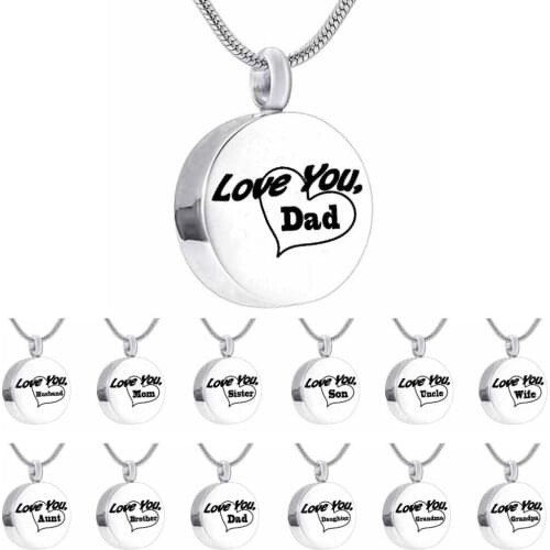 Urn Necklace for Ashes ~ Love you ~ Round Pendants Mom Grandma Dad Cremation Keepsake Jewelry