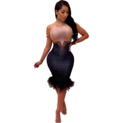 Top Quality Sexy Studded Feather Mermaid Women Autumn Dress 2020 Designer Elegant Evening Party Club Dresses