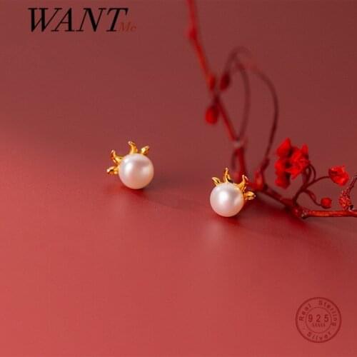 WANTME Real 925 Sterling Silver Sweet Cute Animal Calf Pearl Small Stud Earrings for Women Romantic Wedding Party Jewelry Gift