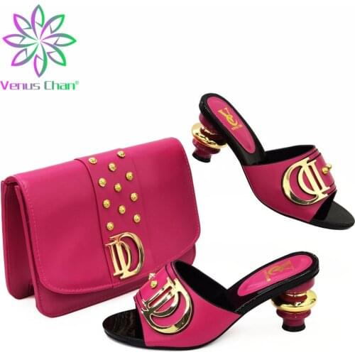 2021 Mature Style Nigerian Women Shoes and Bag to Match in Fuchsia Color Leisure Slingbacks Pumps for Garden Party