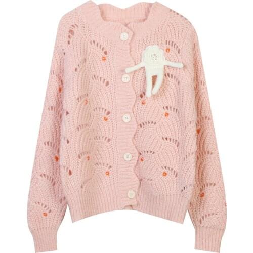 Crochet Hollow Out Cute Cardigan Women 2021 Autumn Winter White Cardigan Long Sleeve Solid Sweet Loose Sweater Coat Knitwear