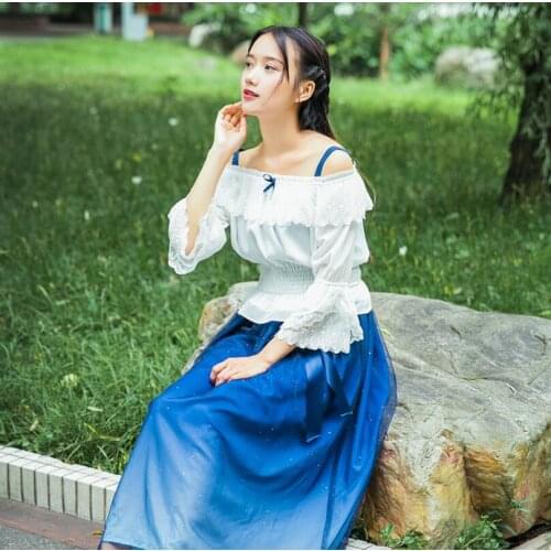 Stary Sky Gradient Blue Womens Summer Suspender Dress off-shoulder Veil Fairy Kei Lolita Dress Inner White Shirt LXC004