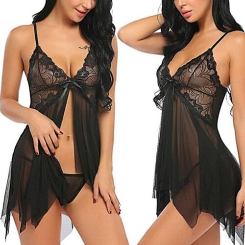 Women Hot Sexy Sleepwear Nightdress Spaghetti Strap Sleepdress V Neck Lace Visible Mesh Lingerie Babydoll Nightgown With Thong