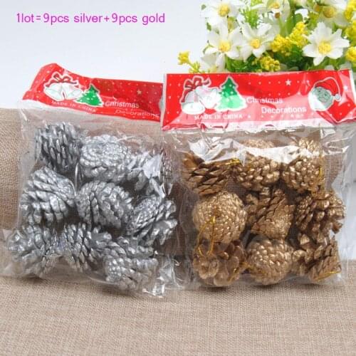 1lot 18PCS Christmas Ornaments Silver/Gold Wooden Pine Cones DIY Xmas Tree Ornaments Pendant Christmas Party Decorations
