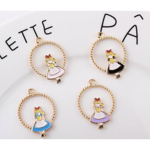 10pcs 22*31MM DIY alloy metal enamel Alice in wonderland charms, fashion gold girl pendants for bracelet earring jewelry making