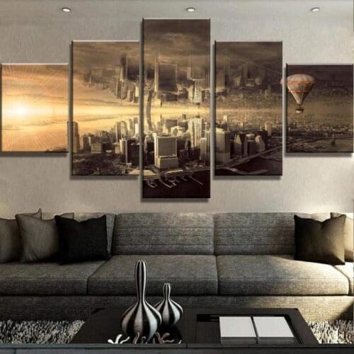 5 Panels Irregular Painting Canvas Art Posters Mirroring Cityscape Picture Wall Artist Home Decoration Living Room Bedroom Mural