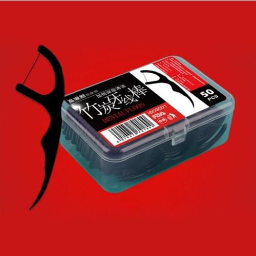 50pcs/Set Dental Floss Black Bamboo Charcoal Teeth Stick Interdental Brushes Flosser Oral Clean Toothpick Tool With Box