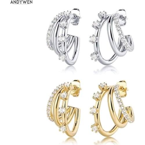 ANDYWEN 925 Sterling Silver Gold Three Triple Circle Hoops 20mm Round Line Huggies Loops Crystal 2020 Rock Punk Fine Jewelry
