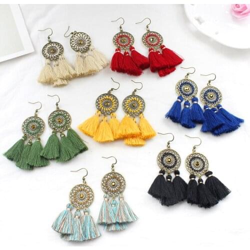 Ethnic style Bohemian Drop Earrings for Women Brincos Fan Shaped Cotton Handmade Tassel Fringe Earrings Jewelry Aretes Oorbellen