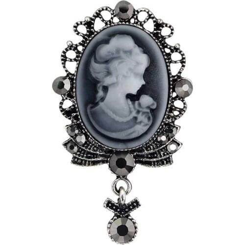 Retro Style Cameo Brooch Antique Silver Color Grey Crystal Drop Pendent Brooch Dangle Brooch