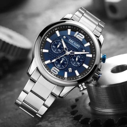 MEGIR Mens Quartz Wrist Watch Men Stainless Steel Band Chronograph Mens Watches Luminous Waterproof Men Quartz Wristwatches