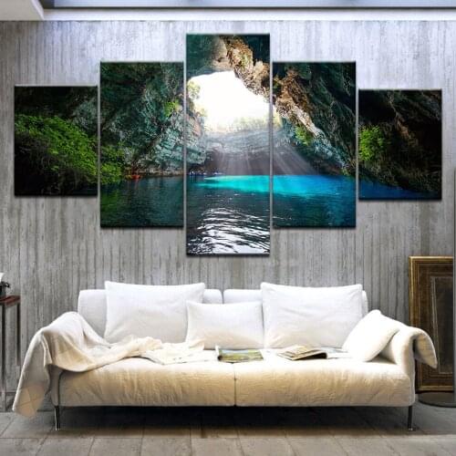 Home Decoration Posters Modern Wall 5 Panel Beautiful Cave Lake Scenery Art Pictures Framework Living Room HD Printed Painting
