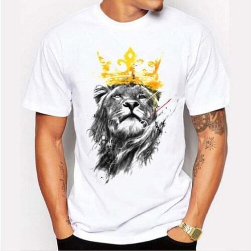 Summer Men T-shirt White Cartoons Crown Lion Print Short Sleeve Slim Casual Male Tops Simple Fashion Plus Size 3xl Young Tee