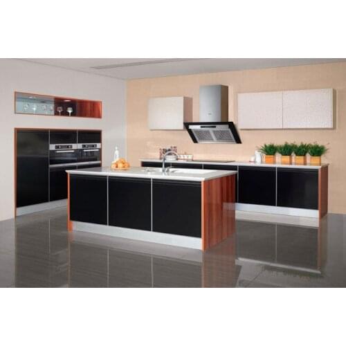 High gloss black & wood grain kitchen cabinet furniture