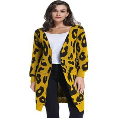 Ehuanhood Brand Cardigan Autumn And Winter Style Leopard Stitching Pocket Long Sweater Ladies Loose Knitted Comfortable Jacket