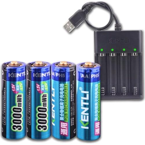 KENTLI 4pcs AA 1.5V 3000mWh lithium li-ion rechargeable battery + 4 Channel polymer li-ion battery batteries charger