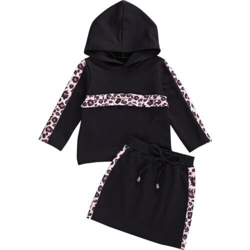 Infant Kids Girl’s Skirt 2Pcs Suit Fashion Leopard Long Sleeve Hooded Top and Drawstring Skirt Spring Autumn Patchwork Outfits