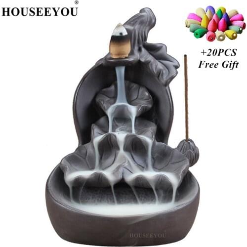 Gourd Lotus Waterfall Incense Burner Censer +20PCS Cones Stick Incense Holder Purple Clay Aroma Smoke Backflow Zen Home Decor