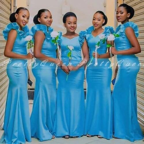 2020 Sky Blue Mermaid Bridesmaid Dresses With Ruffles Sleeveless V Neck Women Long Wedding Party Dress Vestido De Fiesta De Boda