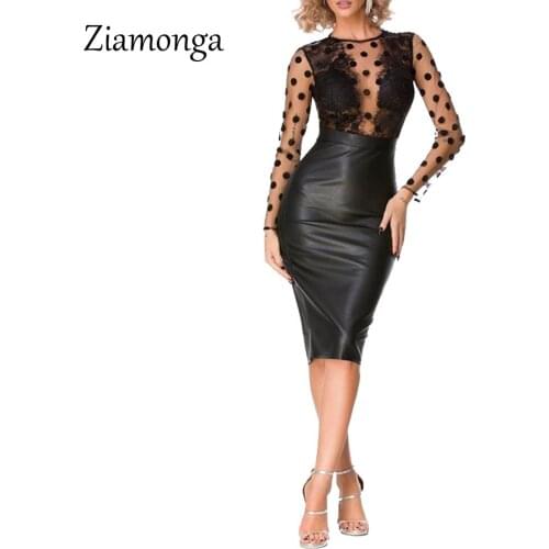 Ziamonga 2021 Women Fashion Elegant Spring Sexy Long Sleeve Patchwork Polka Dot Crochet Lace Sheer Mesh Midi Party Dresses