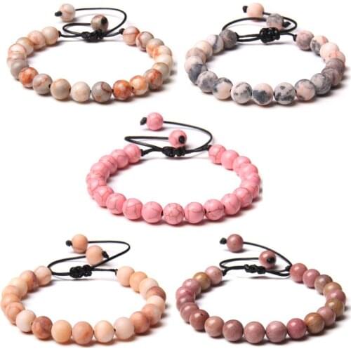 Pink Natural stone bead woven bracelet Pink zebra Aventurine stone Adjustable Rope length braided bracelets sweet lovely style