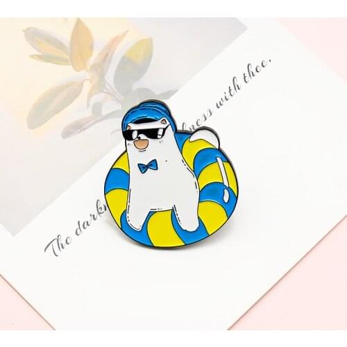Happy swimming cat Enamel Pin Cartoon cute animals Little white cat Swimming ring Lapel Brooch kitten Fun Badge Gifts for kids