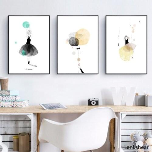 Nordic Cartoon Girl Wall Art Canvas Print Poster Pretty Girl Lovely Bird Picture Canvas Painting Girls Room Wall Decoration