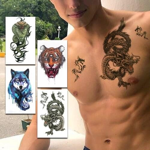 Dragon Fake Temporary Tattoos For Men Women Ferocious Tiger Tattoo Green Snake Chest Arm Watercolor Realistic Wolf Tatoos Sheets