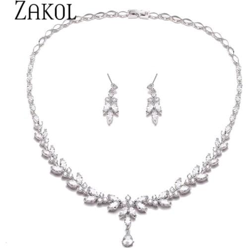 ZAKOL Zircons Brand Fashion White AAA+ CZ Zirconia Leaf Earrings Necklace Set for Women Bridal Weddings Jewelry FSSP3181