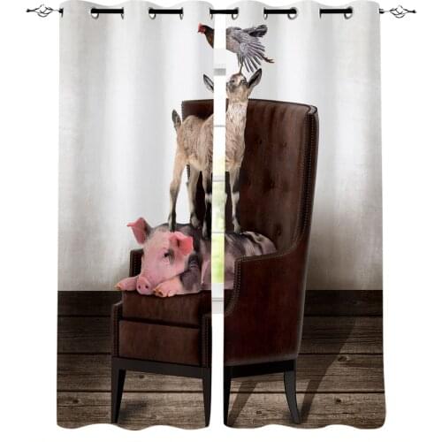 Pig Cow Chicken Sitting On Chair Curtains For Living Room Bedroom Window Treatment Blinds Drapes Modern Kitchen Curtains