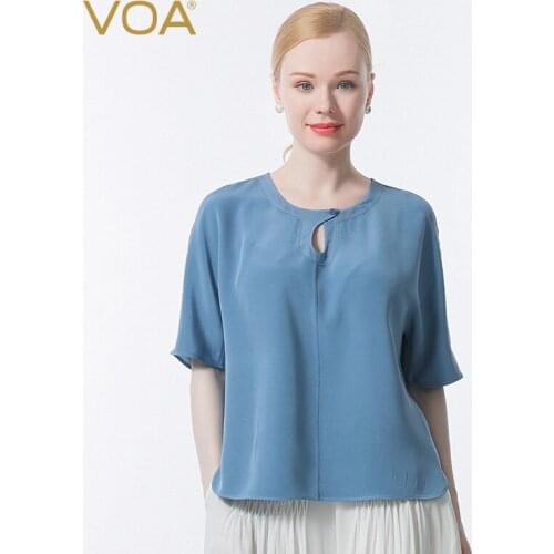 VOA Silk 30m/m O-Neck Placket Single Button Dovetail Splicing Three-dimensional Decoration Simple T-shirt Women BE692