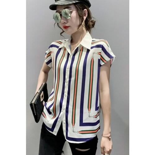 Real shoot #2021 summer dress new fashion stripe temperament print lapel chiffon shirt loose top