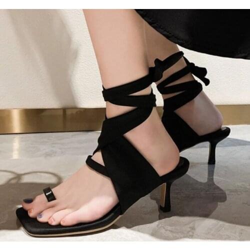 2021 Sexy Square Open Toe Summer Women Shoes Fashion Mid Heel Concise Shallow Ankle Cross-Tied Party Ladies Sandals Solid 35-39