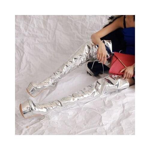 Ladies Thigh High Platform Boots Thin High Heels Shoes Woman Over Knee Side Zip Boots Sliver Leather Plus Size 44 47 50 52