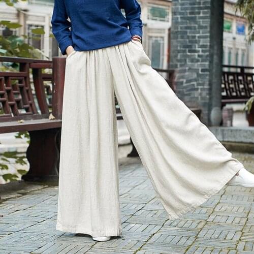 Johnature Women Linen Wide Leg Pants Elastic Waist 2021 Autumn Winter New Pockets Women Clothing Loose Vintage Trouser