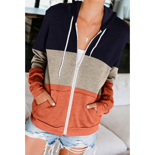 Autumn Women Clothing Long Sleeve Color Contrast Hooded Zipper Pocket Cardigan Coat Thin Section Casual Commute Coats Outfit