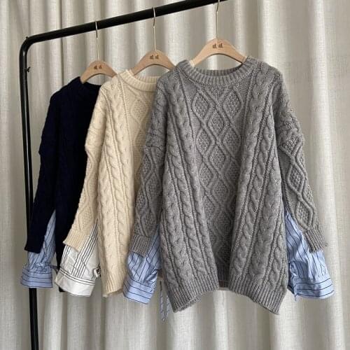 Fashion Loose Striped Shirt Spliced Twist Knit Sweater Round Neck Long Sleeve Medium Long Pullover Sweaters Women 2021 Spring