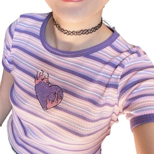 Summer Purple Cute Top Women Striped EA Short Sleeve Crop Top T Shirt Ladies Casual Heart Print Tshirts Tee Kawaii T-Shirt Woman