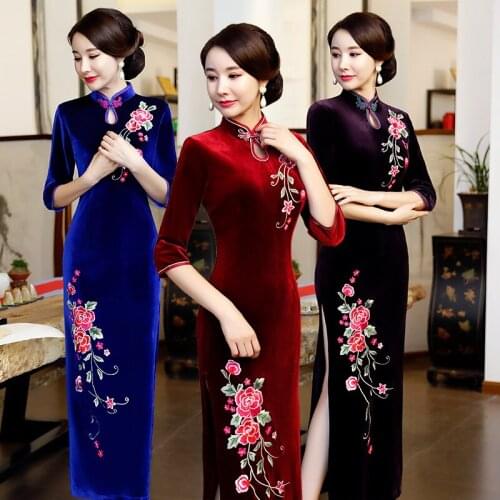 Embroidery Floral Ladies Long Qipao Plus Size 3XL 4XL Autumn Velvet Slim Cheongsam Elegant Chinese Style Evening Dress Gown