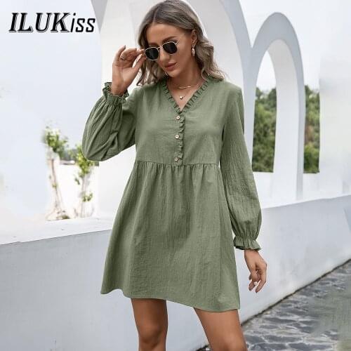 Fall Long Sleeve Mini Dress Women 2021 Fashion V Neck Green Pink A Line Loose Dresses Elegant Casual Spring Autumn Lady Clothes
