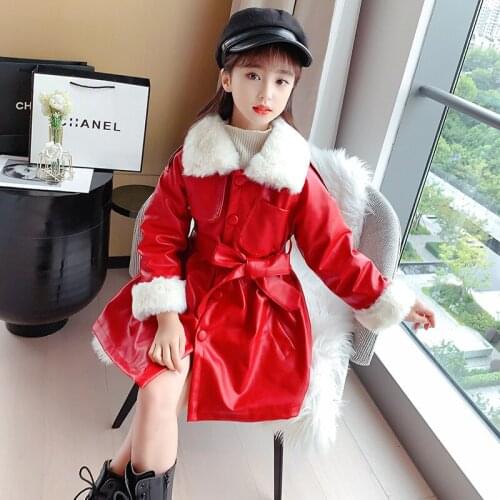 2020 Winter Girls Leather Windbreaker Children Clothes Plus Velvet Mid-length Outwear Kids Fashion Fur Collar Coat Parka 3T-14Y