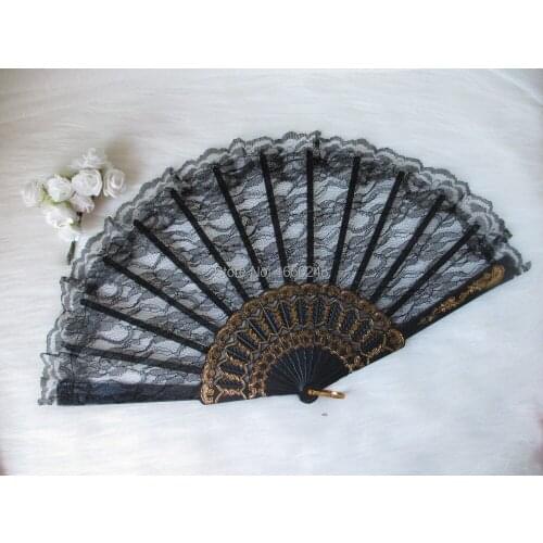 24pcs/lot Wedding Decoration Classic Black Color Chinese Folding Lace Dancing Fans Hand Fans Party Gifts Wedding Favors