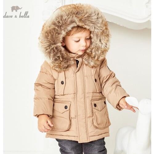 DB15564 dave bella winter baby boys fashion solid fur hooded down coat children 90% white duck down padded kids jacket