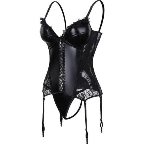 Gothic Black Faux Leather Corset Top Cup Bra Floral Lace Women Sexy Bustier Plus Size Overbust Steampunk Corselet Tops