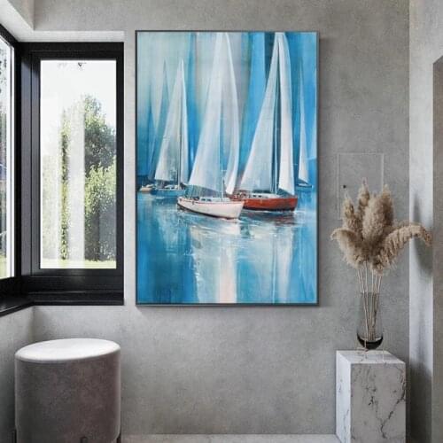 Boat on The Sea Canvas Painting Abstract Landscape Posters and Prints Cuadros Wall Art Pictures for Living Room Home Decoration