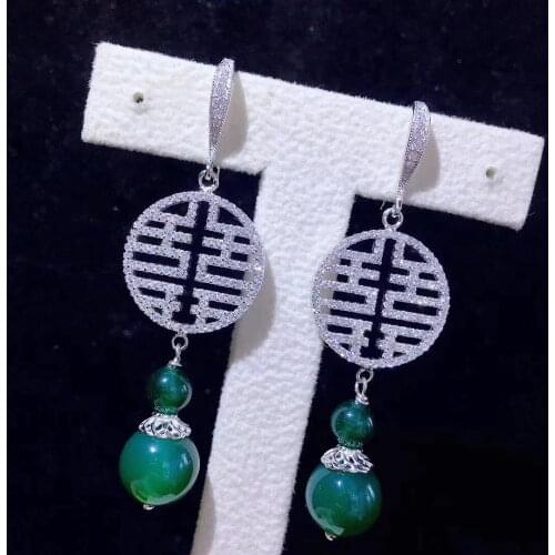 China traditional pattern drop earring green color semi-precious stone double happiness Chinese word 925 sterling silver ethnic